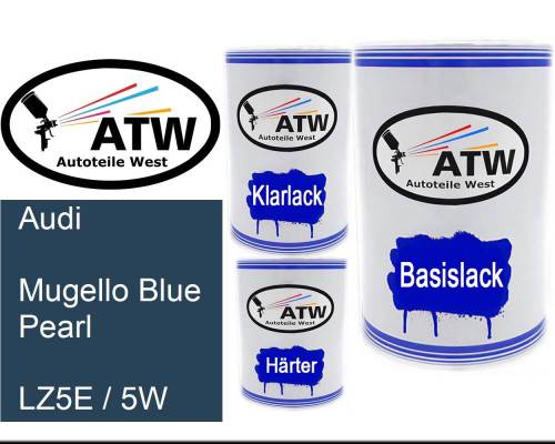 Audi, Mugello Blue Pearl, LZ5E / 5W: 500ml Lackdose + 500ml Klarlack + 250ml Härter - Set, von ATW Autoteile West.